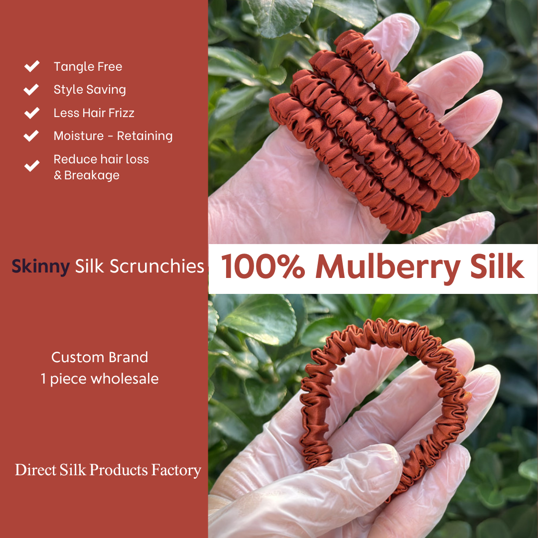 Bright Orange Red Silk Scrunchie Skinny custom wholesale, custom brand low MOQ, 1 piece wholesale