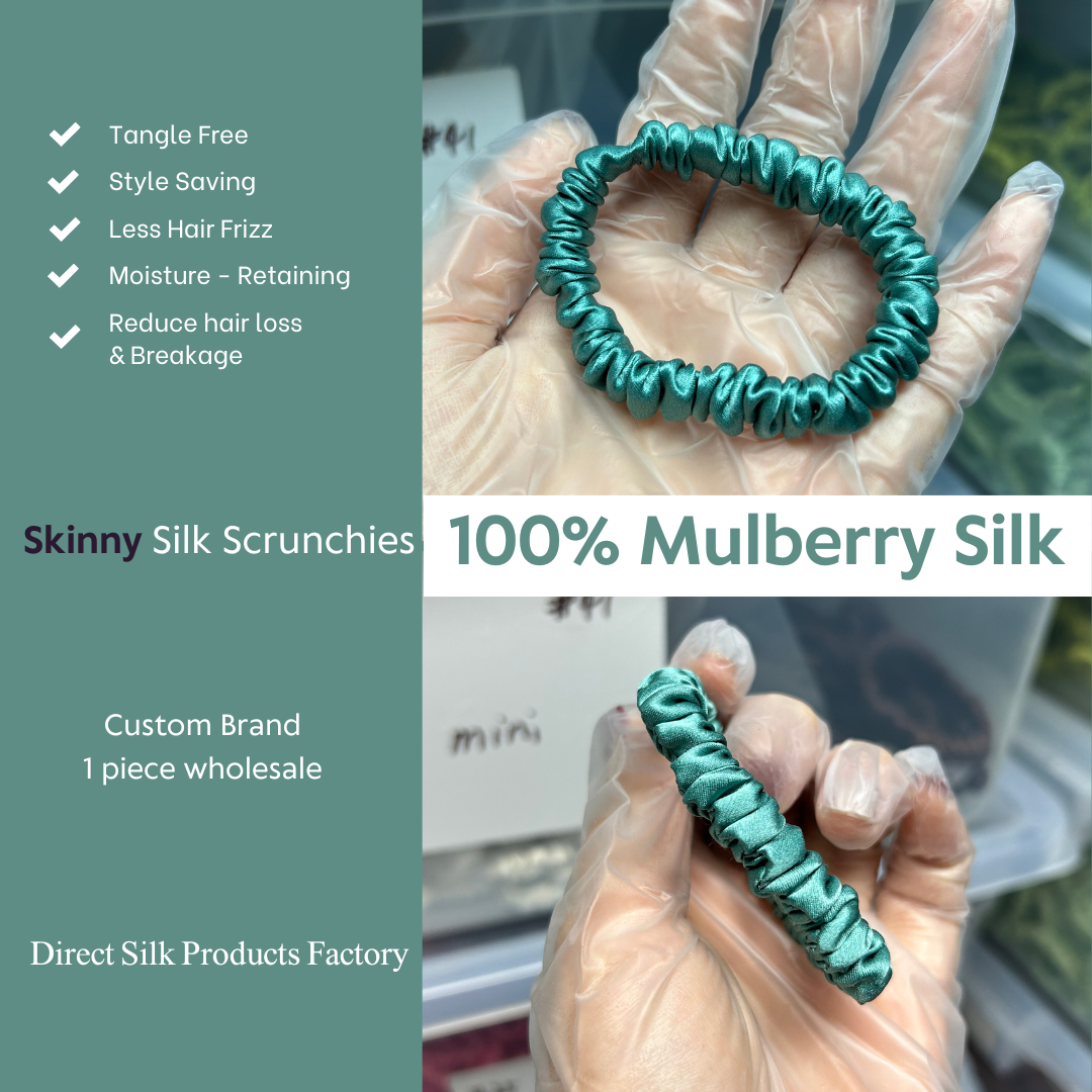 Stone Green Silk Scrunchie Skinny custom wholesale, custom brand low MOQ, 1 piece wholesale