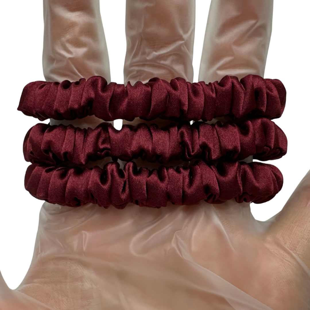 Dark Red Skinny Silk Scrunchie in stock, wholesale silk scrunchie from 1 piece, custom silk scrunchies with logo brand label, low MOQ.