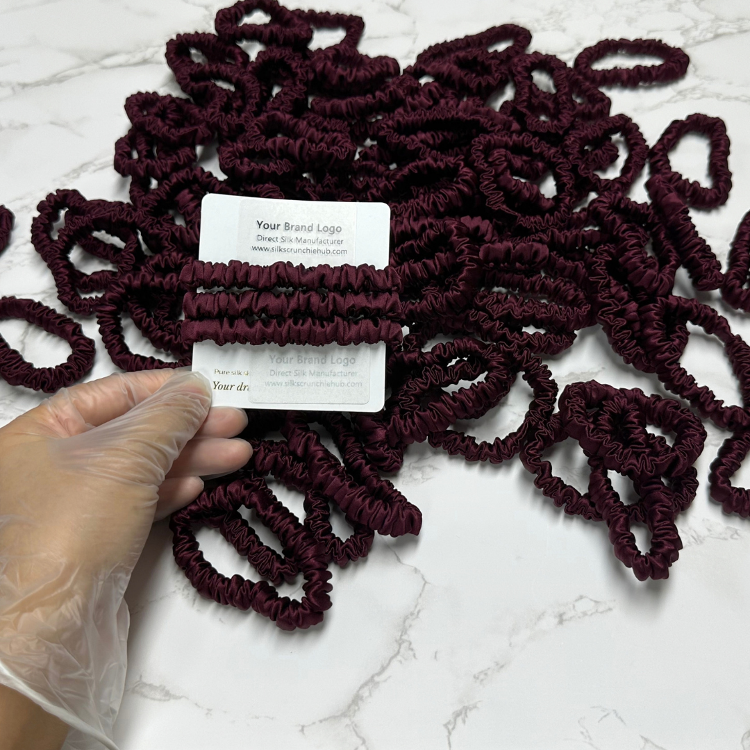Dark Purple Red Silk Scrunchie Wholesale from 1 piece, custom silk scrunchies with brand label, low MOQ.