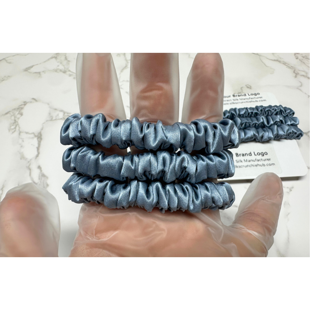 Grey Blue Skinny Silk Scrunchie custom wholesale, custom brand low MOQ, 1 piece wholesale