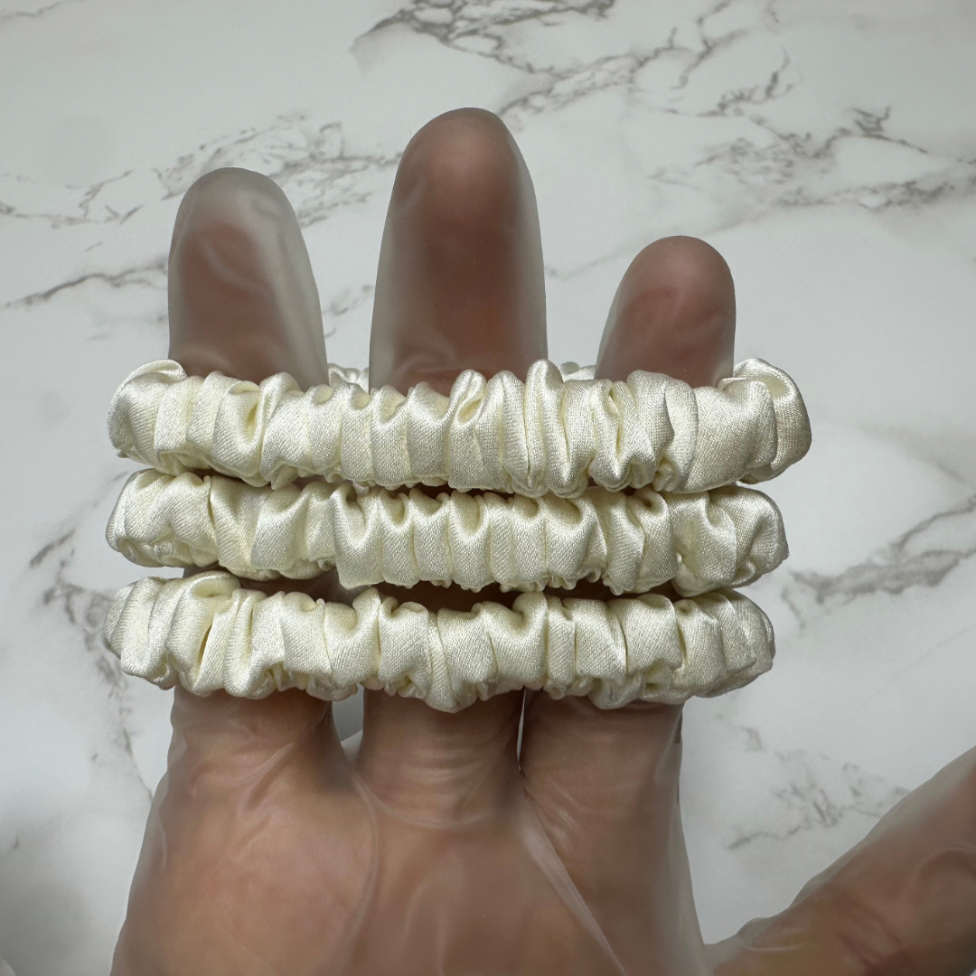 Cream Silk Scrunchie Wholesale from 1 piece, custom silk scrunchies with brand label, low MOQ.