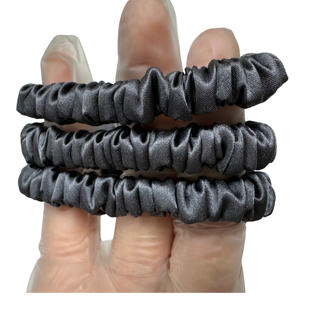 Dark Grey Skinny Silk Scrunchie Wholesale from 1 piece, custom silk scrunchie with brand logo low MOQ.
