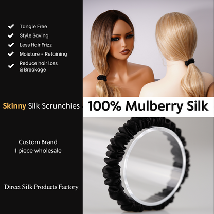 Black Silk Scrunchie Skinny custom wholesale, custom brand low MOQ, 1 piece wholesale
