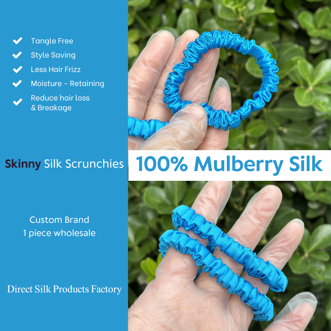 Bright Blue Silk Scrunchie Skinny custom wholesale, custom brand low MOQ, 1 piece wholesale
