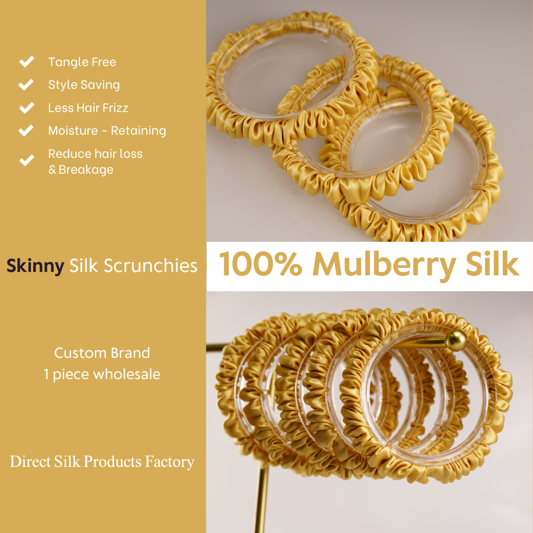 Bright Gold Silk Scrunchie Skinny custom wholesale, custom brand low MOQ, 1 piece wholesale
