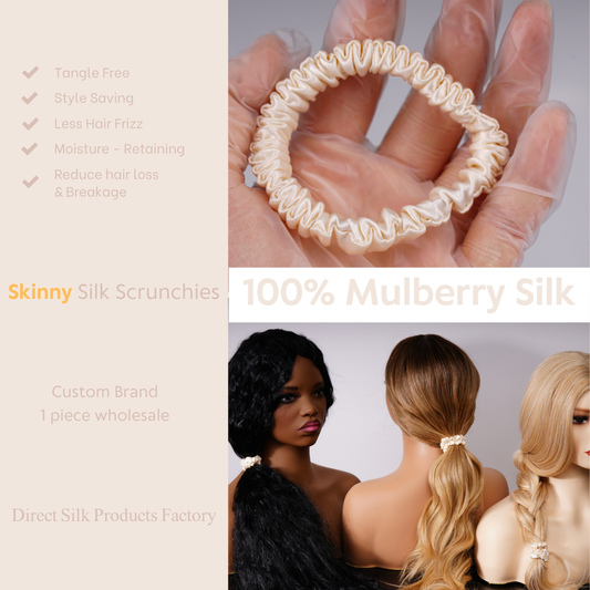 Champagne Silk Scrunchie Skinny custom wholesale, custom brand low MOQ, 1 piece wholesale
