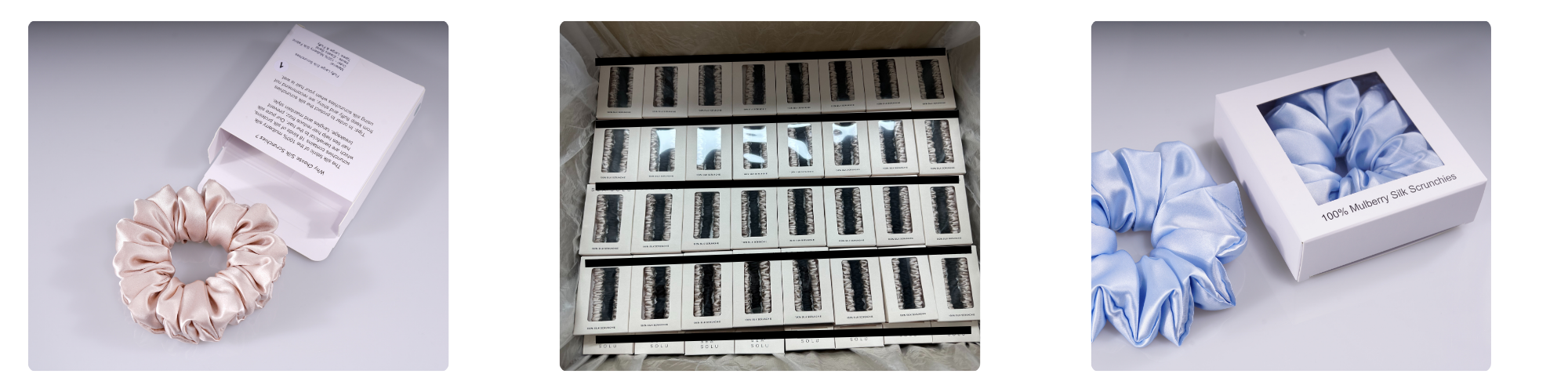 Set of scrunchies with packaging and product details on a white background