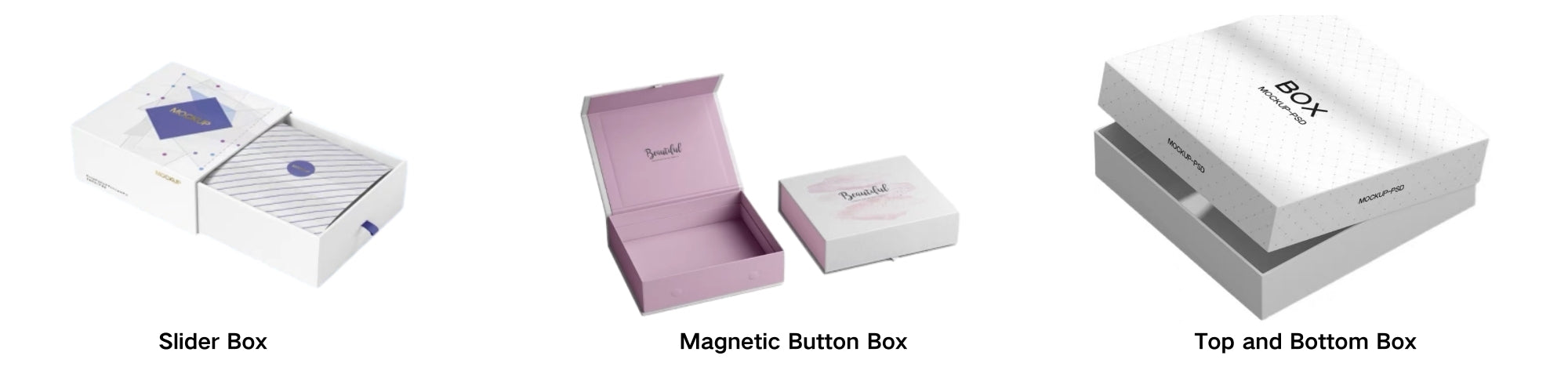 Three different types of boxes: Slider Box, Magnetic Button Box, and Top and Bottom Box, displayed side by side.