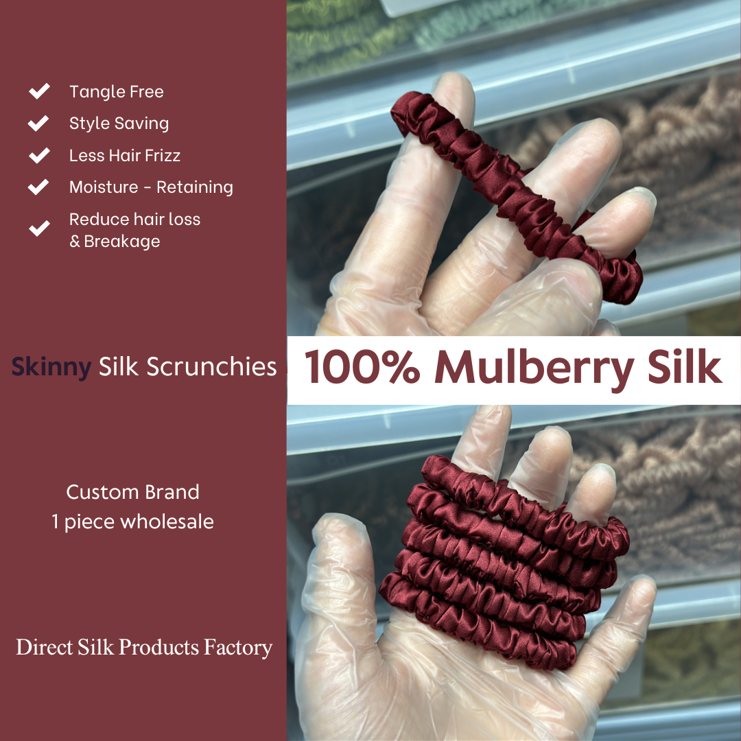 Dark Red Silk Scrunchie Skinny custom wholesale, custom brand low MOQ, 1 piece wholesale
