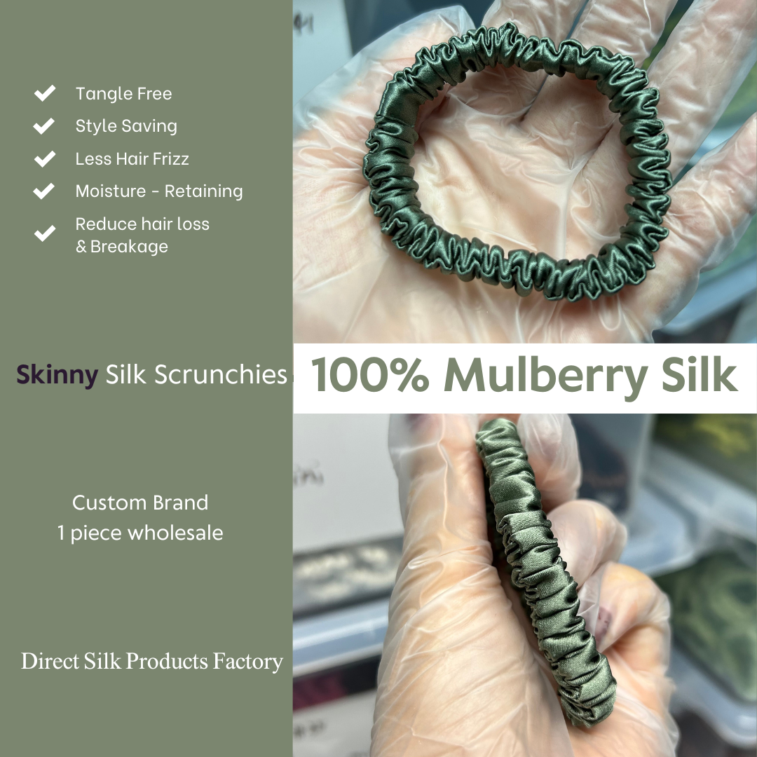 Deep Sage Silk Scrunchie Skinny custom wholesale, custom brand low MOQ, 1 piece wholesale
