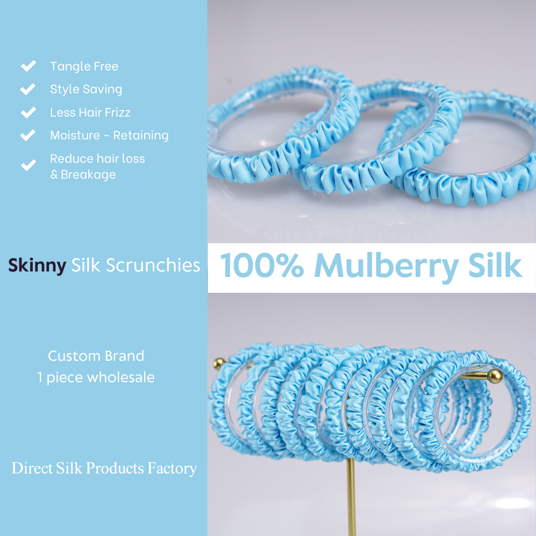 Deep Sky Blue Silk Scrunchie Skinny custom wholesale, custom brand low MOQ, 1 piece wholesale
