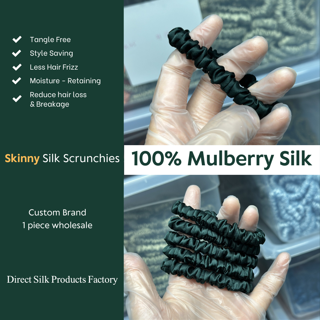 Emerald Green Silk Scrunchie Skinny custom wholesale, custom brand low MOQ, 1 piece wholesale
