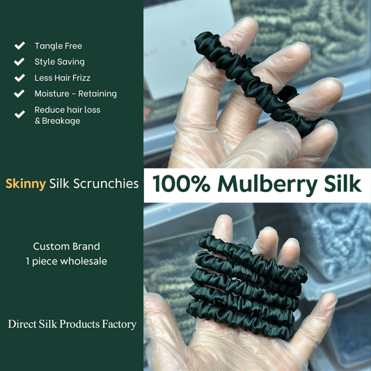 Emerald Green Silk Scrunchie Skinny custom wholesale, custom brand low MOQ, 1 piece wholesale
