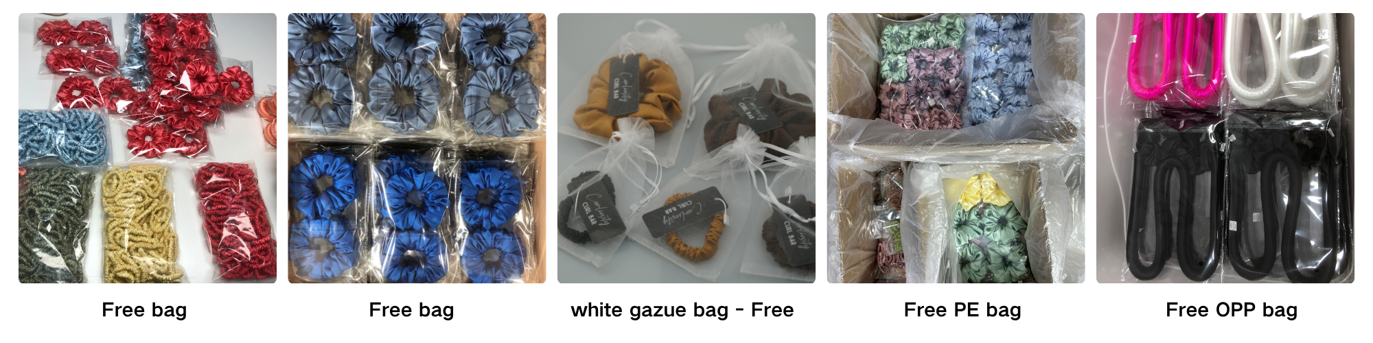 Collection of various bags including free bag, white gauze bag, free PE bag, and DPP bag.