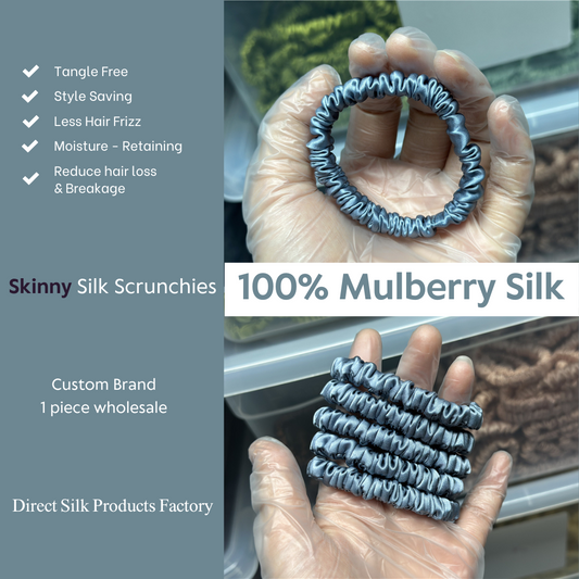 Grey Blue Silk Scrunchie Skinny custom wholesale, custom brand low MOQ, 1 piece wholesale
