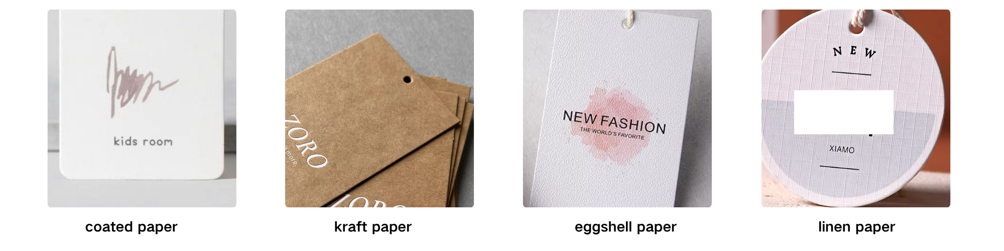 Four types of paper packaging labeled 'coated paper', 'kraft paper', 'eggshell paper', and 'linen paper'.
