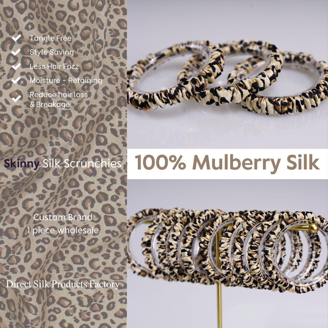 Leopard Silk Scrunchie Skinny custom wholesale, custom brand low MOQ, 1 piece wholesale