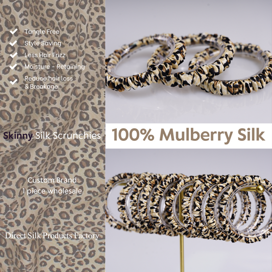 Leopard Silk Scrunchie Skinny custom wholesale, custom brand low MOQ, 1 piece wholesale