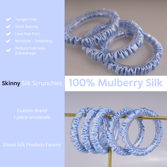 Light Blue Silk Scrunchie Skinny custom wholesale, custom brand low MOQ, 1 piece wholesale
