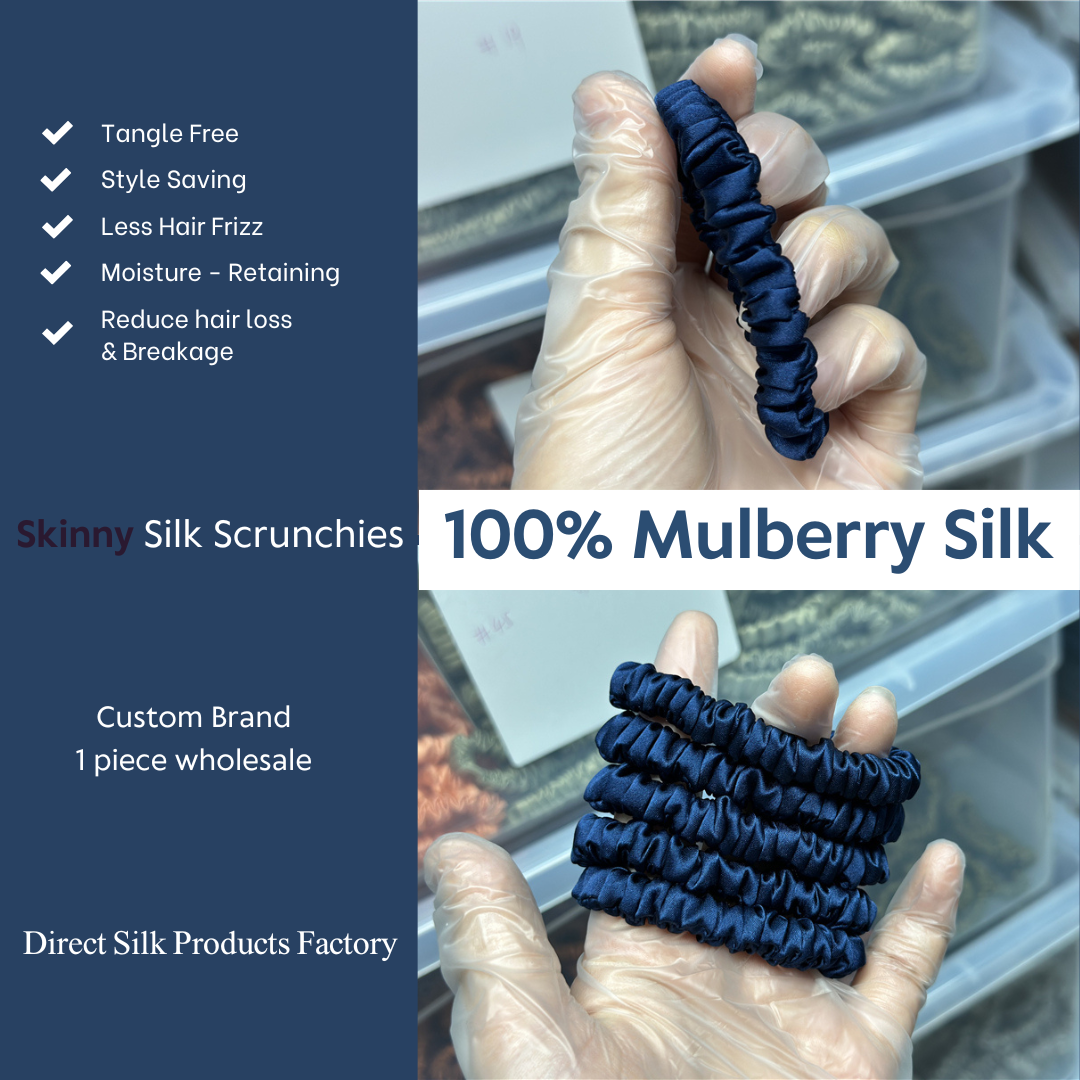 Navy Blue Silk Scrunchie Skinny custom wholesale, custom brand low MOQ, 1 piece wholesale
