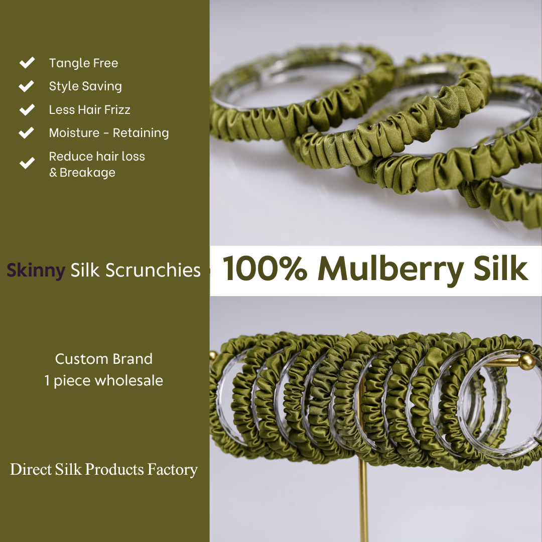 Olive Green Silk Scrunchie Skinny custom wholesale, custom brand low MOQ, 1 piece wholesale
