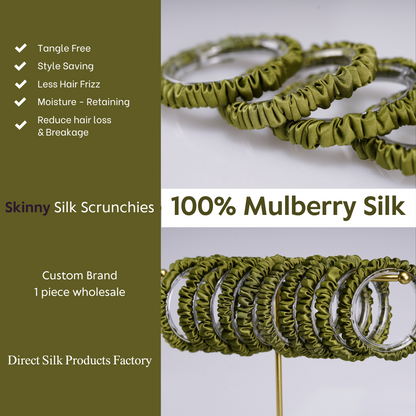 Olive Green Silk Scrunchie Skinny custom wholesale, custom brand low MOQ, 1 piece wholesale
