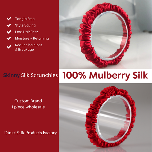 China Red Silk Scrunchie Skinny custom wholesale, custom brand low MOQ, 1 piece wholesale
