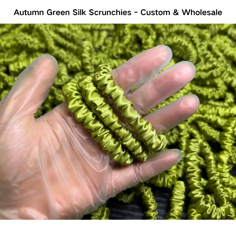 Autumn Green Silk Scrunchie Skinny Wholesale丨In Stock