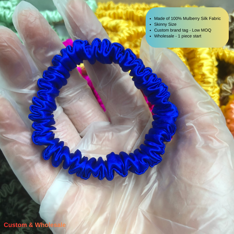  blue skinny silk scrunchies in bulk for wholesale orders