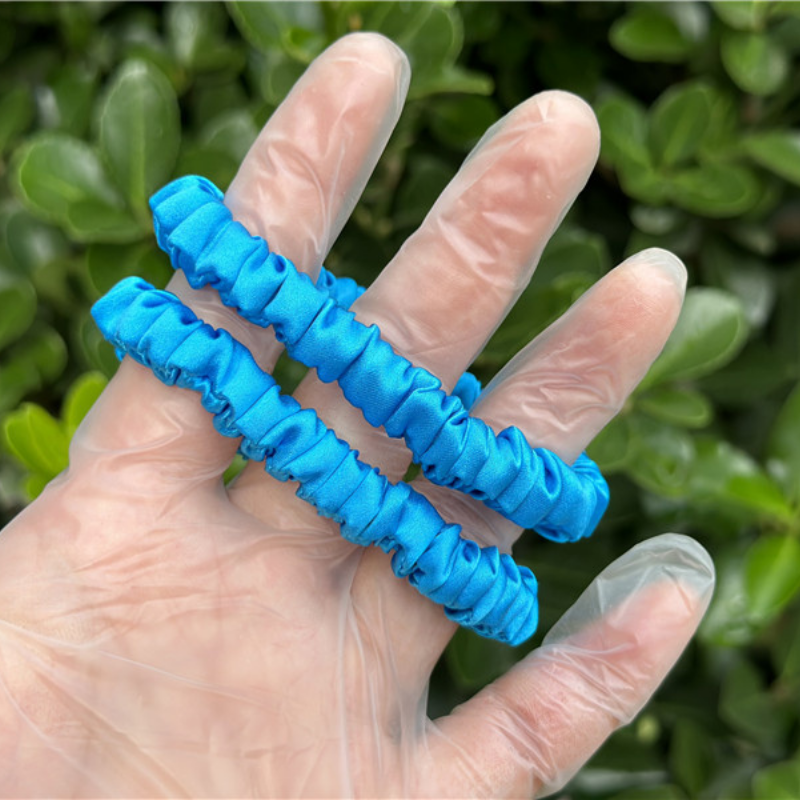 bright blue skinny silk scrunchies in bulk for wholesale orders
