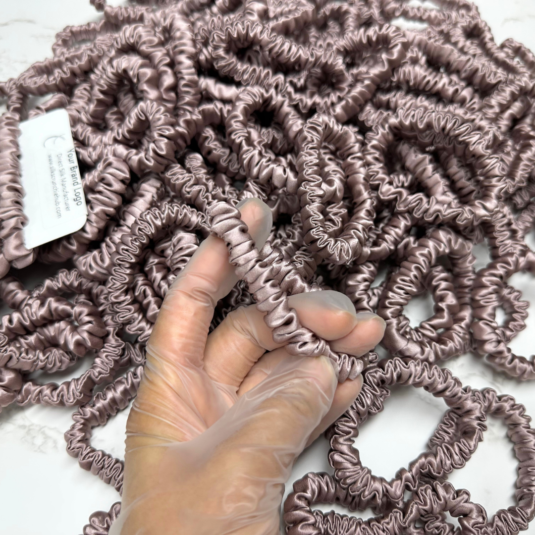 Deep Lotus Root Skinny Silk Scrunchie custom wholesale, custom brand low MOQ, 1 piece wholesale