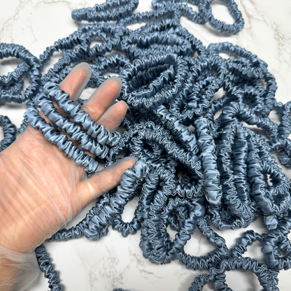 Grey Blue Skinny Silk Scrunchie custom wholesale, custom brand low MOQ, 1 piece wholesale