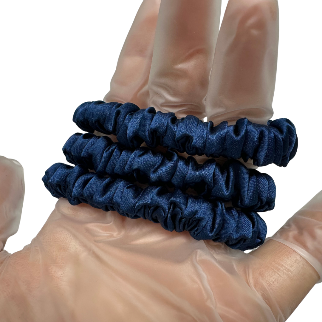 Navy Blue Skinny Silk Scrunchie custom wholesale, custom brand low MOQ, 1 piece wholesale