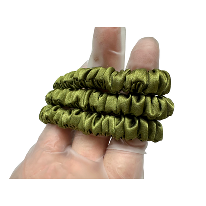 Olive Green Skinny Silk Scrunchie custom wholesale, custom brand low MOQ, 1 piece wholesale