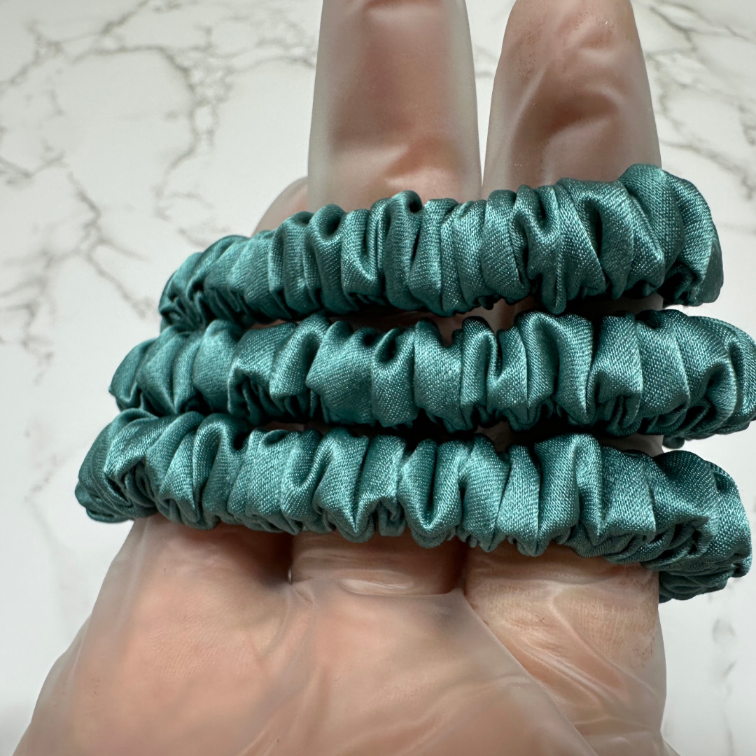 Stone Green Skinny Silk Scrunchie custom wholesale, custom brand low MOQ, 1 piece wholesale
