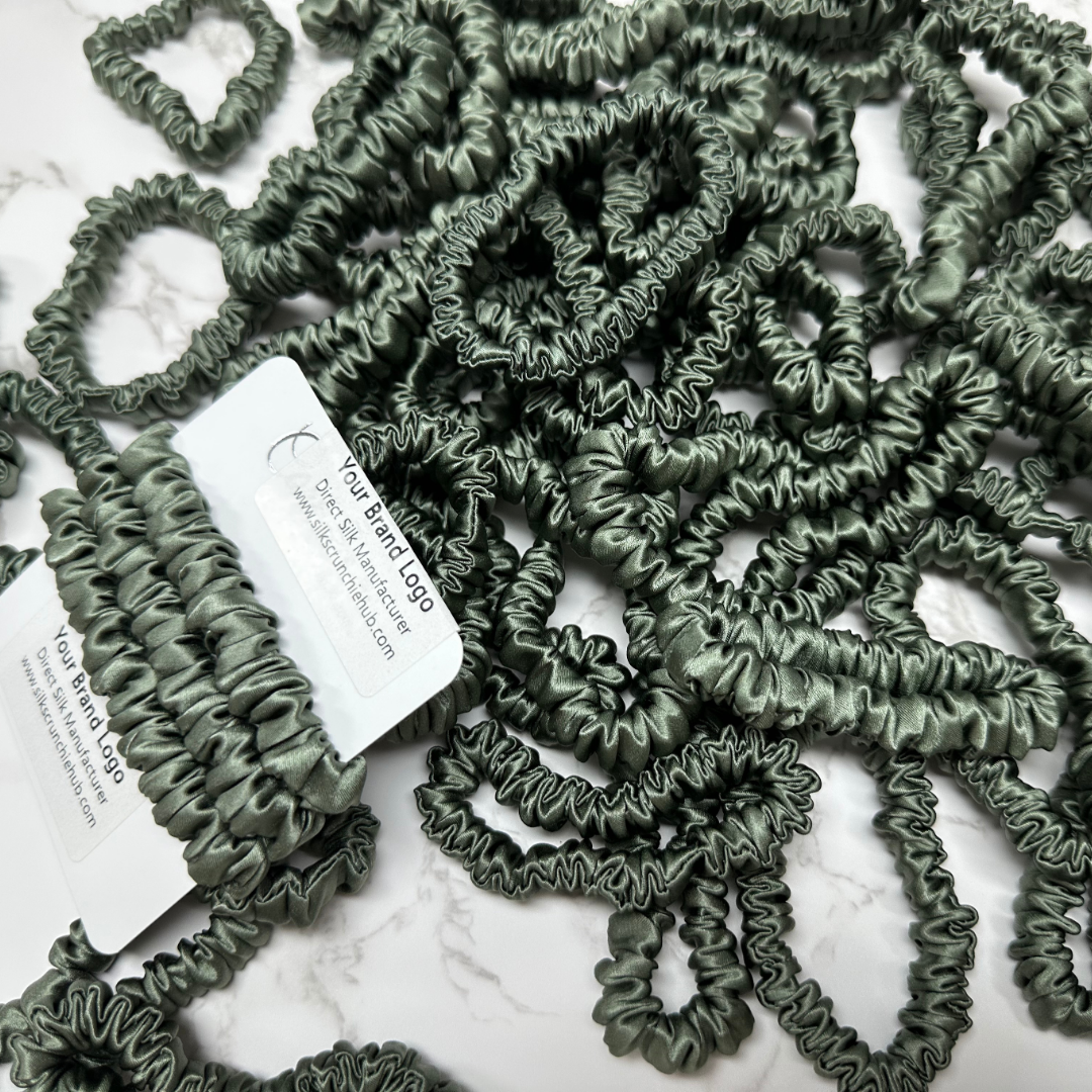 Deep Sage Silk Scrunchie Skinny custom wholesale, custom brand low MOQ, 1 piece wholesale
