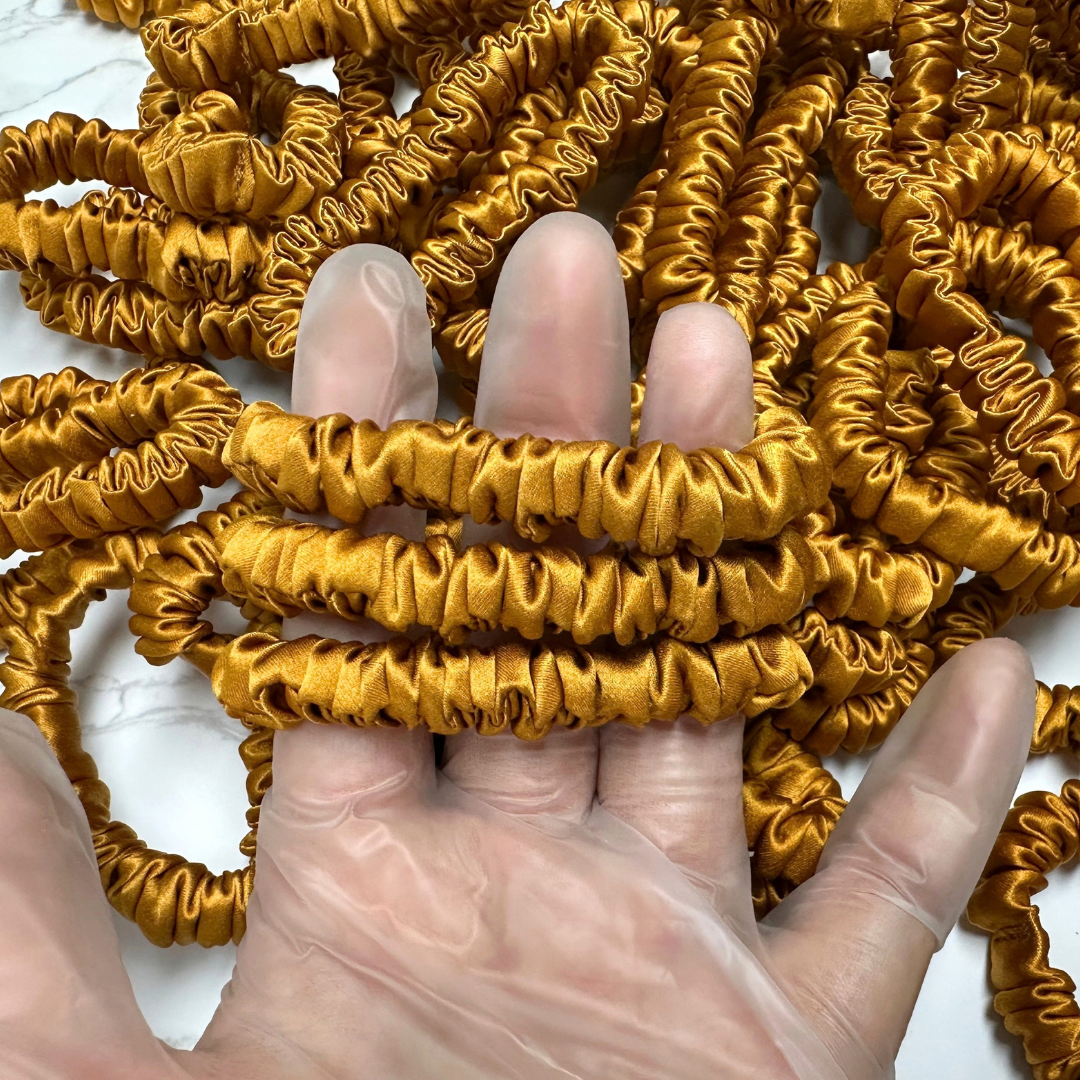 Amber Yellow Skinny Silk Scrunchie Wholesale from 1 piece, custom silk scrunchies with brand label, low MOQ.