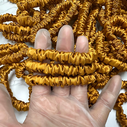 Amber Yellow Skinny Silk Scrunchie Wholesale from 1 piece, custom silk scrunchies with brand label, low MOQ.