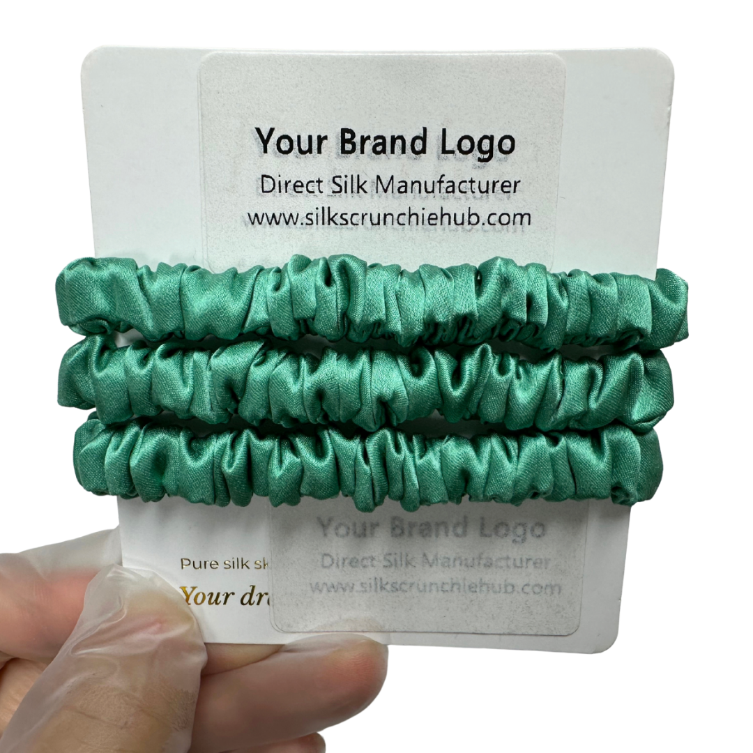 Bamboo Skinny Silk Scrunchie Wholesale from 1 piece, custom silk scrunchies with brand label, low MOQ.