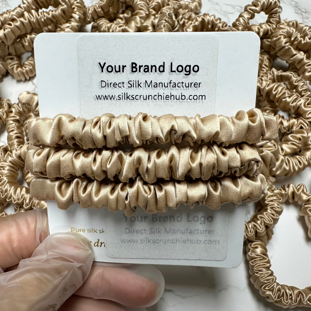 Beige Skinny Silk Scrunchie Wholesale from 1 piece, custom silk scrunchie with brand logo low MOQ.