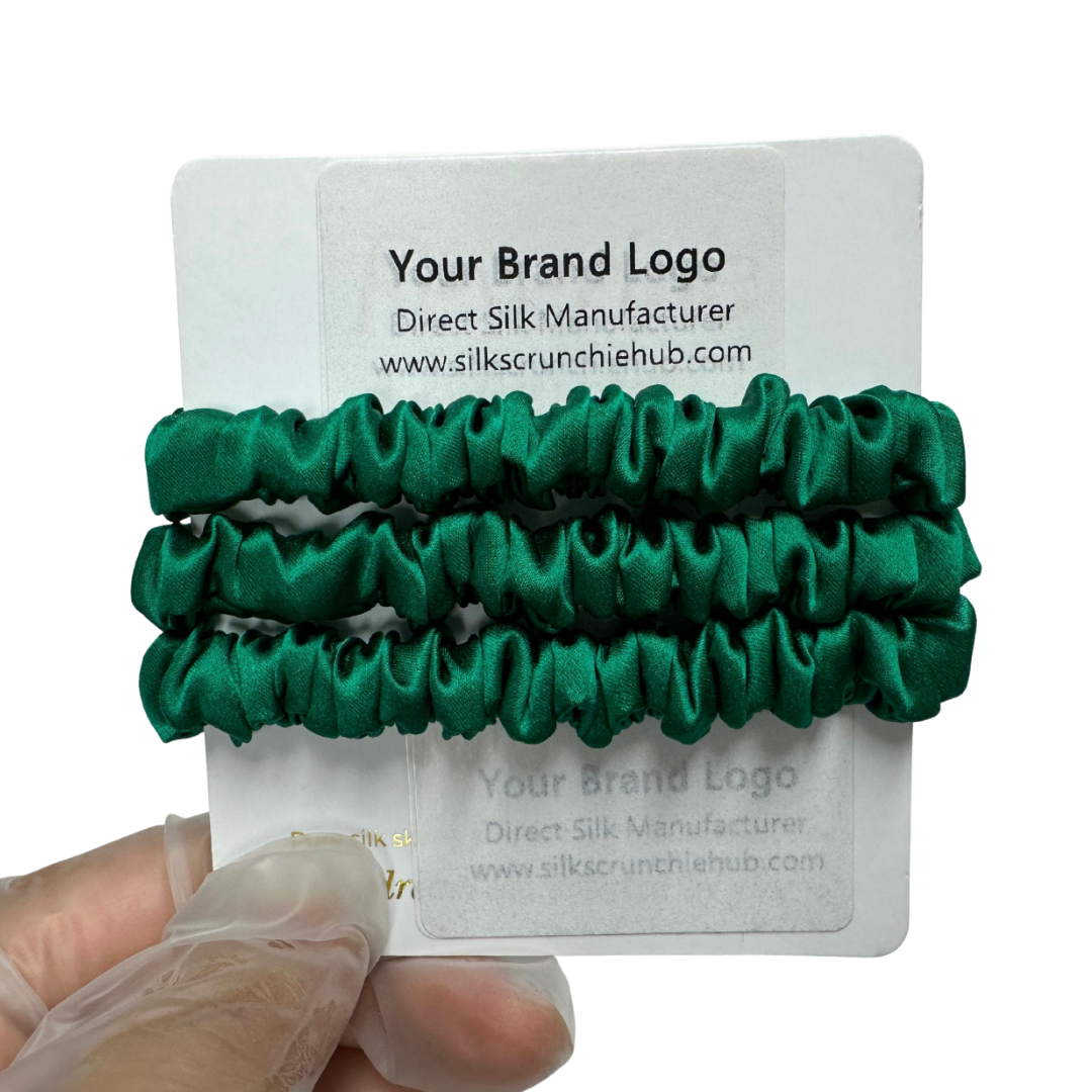 Christmas Green Silk Scrunchie Wholesale from 1 piece, custom silk scrunchies with brand label, low MOQ.