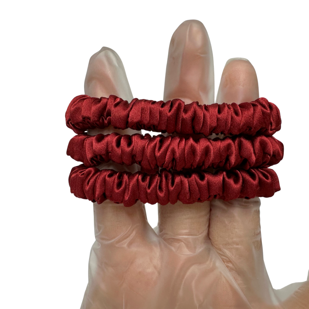 Coke Red Skinny Silk Scrunchie in stock, wholesale silk scrunchie from 1 piece, custom silk scrunchies with logo brand label, low MOQ.