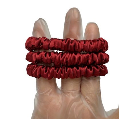 Coke Red Skinny Silk Scrunchie in stock, wholesale silk scrunchie from 1 piece, custom silk scrunchies with logo brand label, low MOQ.