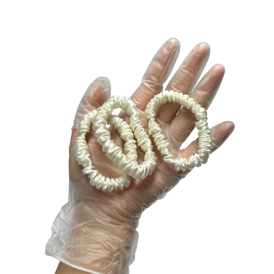 Cream Silk Scrunchie Wholesale from 1 piece, custom silk scrunchies with brand label, low MOQ.