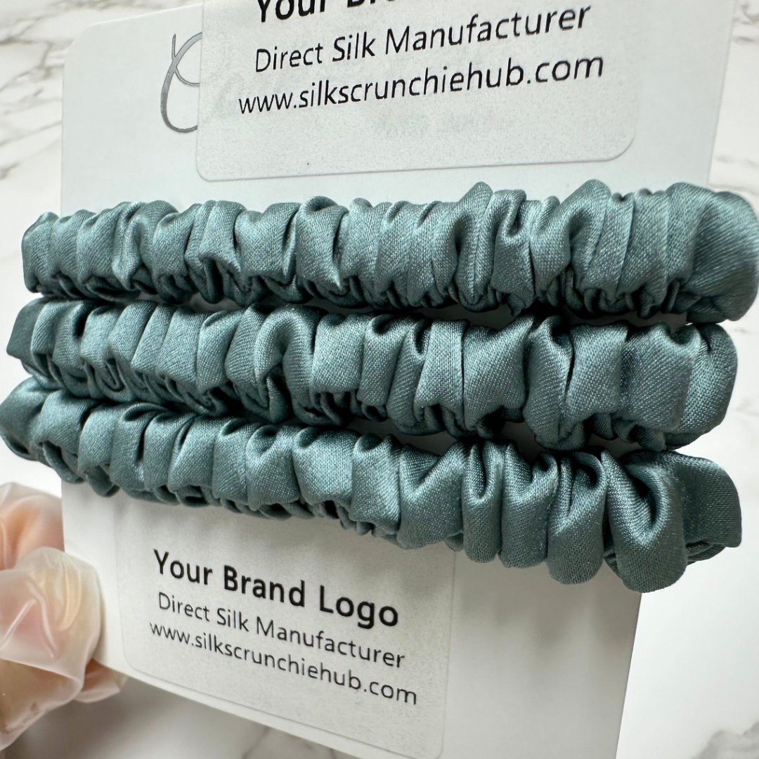 Dark Bamboo Skinny Silk Scrunchie in stock, wholesale silk scrunchie from 1 piece, custom silk scrunchies with logo brand label, low MOQ.