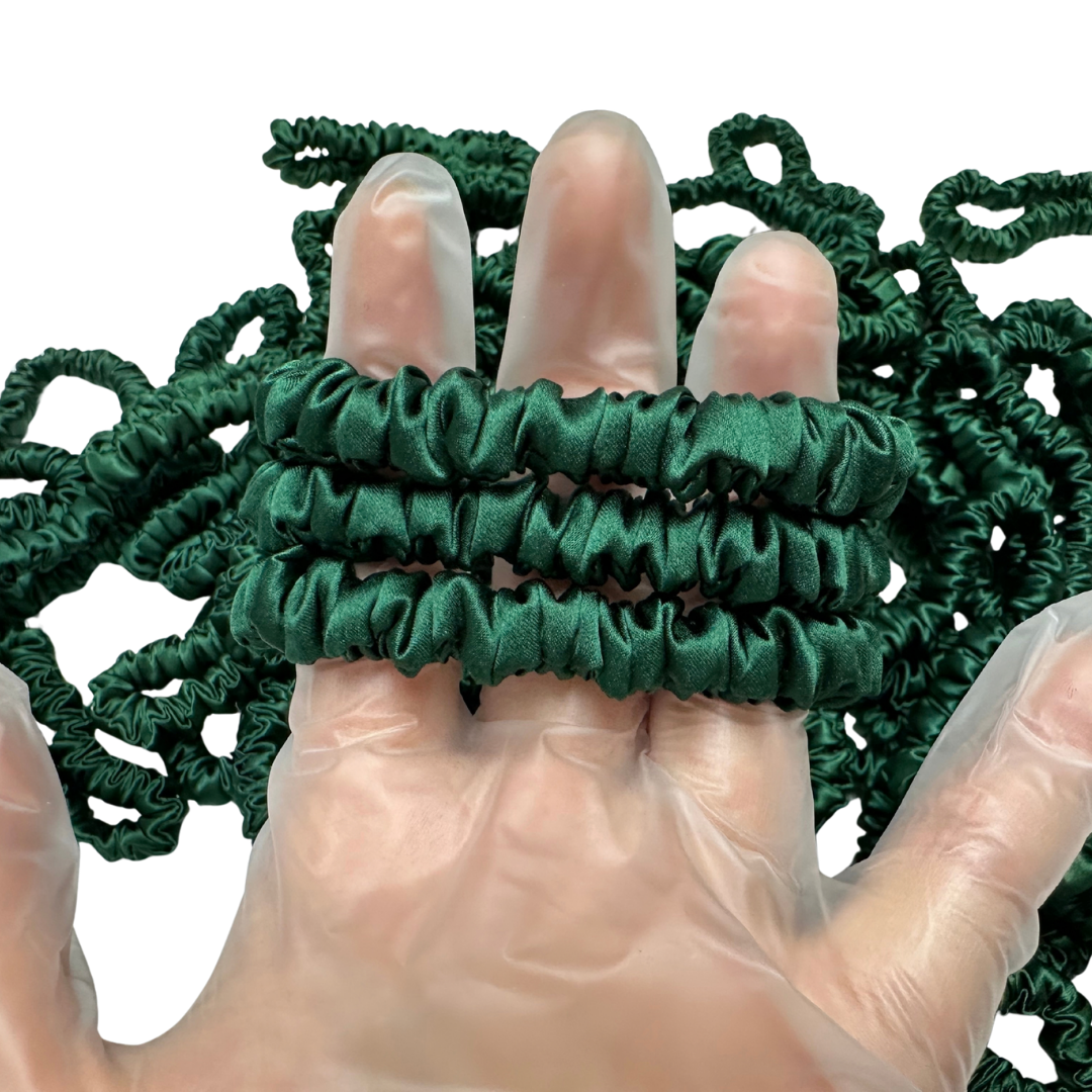 Dark Green Skinny Silk Scrunchie Wholesale from 1 piece, custom silk scrunchie with brand logo low MOQ.