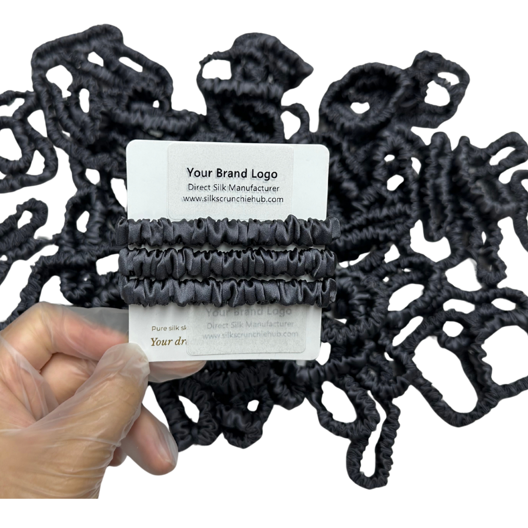 Dark Grey Skinny Silk Scrunchie Wholesale from 1 piece, custom silk scrunchie with brand logo low MOQ.