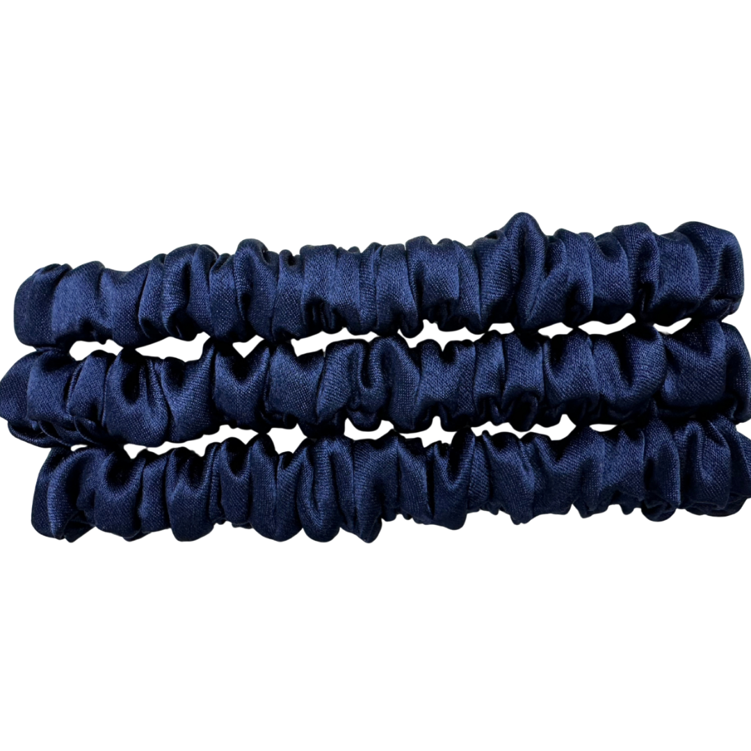 Dark Indigo Skinny Silk Scrunchie Wholesale from 1 piece, custom silk scrunchies with brand label, low MOQ.