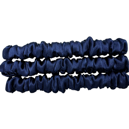 Dark Indigo Skinny Silk Scrunchie Wholesale from 1 piece, custom silk scrunchies with brand label, low MOQ.